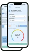 App-Ansicht Fieber-Kurve mit Eingabe von Datum, Uhrzeit, Messort Ohr und Temperatur 36,5 °C zur Fiebererfassung beim Kind