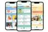 Drei Smartphones zeigen die Schlauplatz-App mit Artikeln, Expertenteam, Wissenskategorien und Wochenguide für Eltern