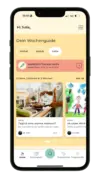 Startbildschirm der Kinder-App mit personalisiertem Wochenguide, Wohlfühl-Tracker und Artikeln von Dr. Vitor für das Kind Lotta